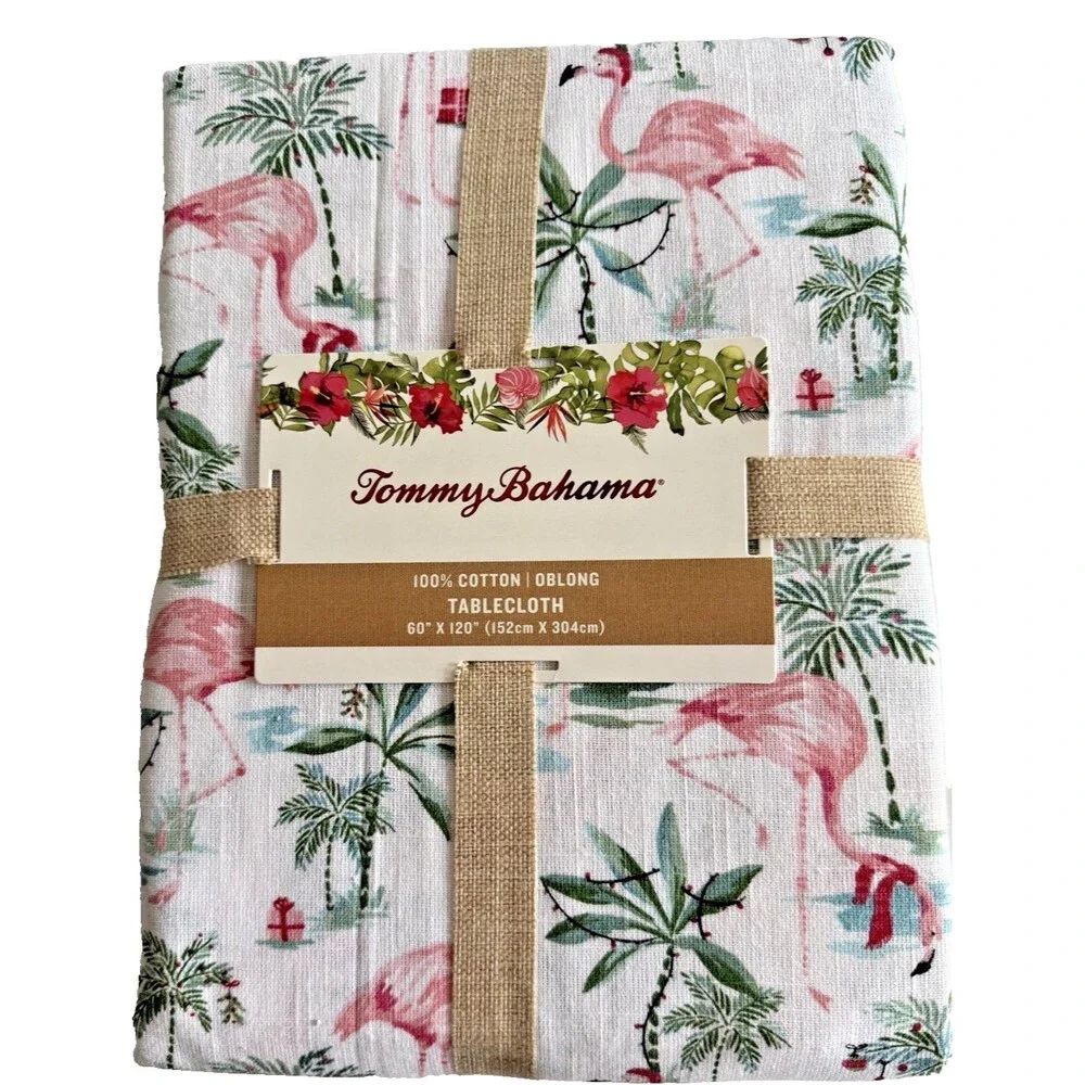 Tommy Bahama Tablecloth Tropical Christmas Pastel 60X120 Flamingo Palm Trees
